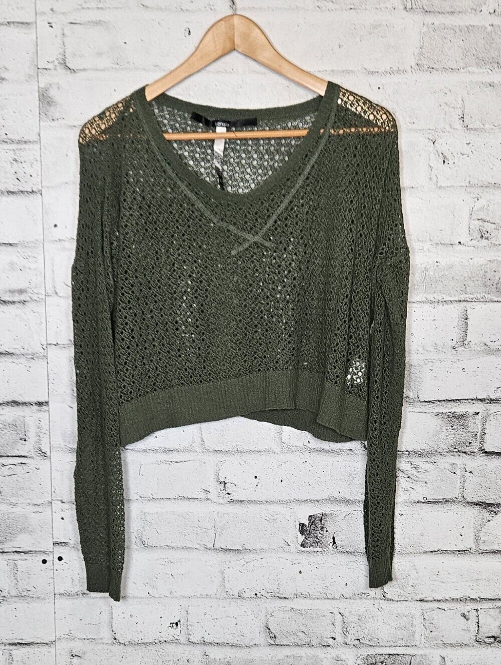 Kensie Olive Green Open Knit Cropped Sweater Womens Large